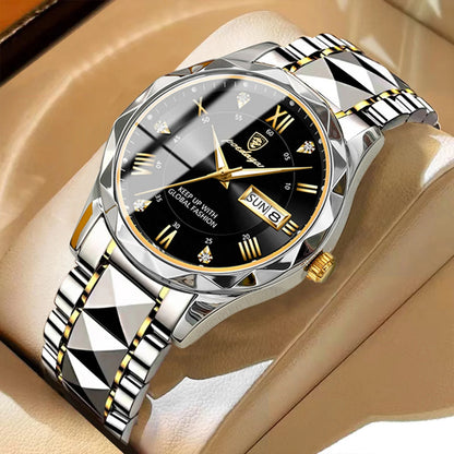 POEDAGAR Luxury Men Stainless Steel Quartz Watch - Waterproof, Date/Week & Luminous Date And Box