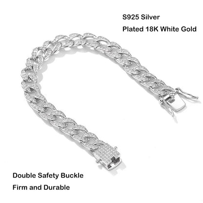 EWYA Full 1.2mm D Color Moissanite Cuban Chain Bracelet For Men Women S925 Silver Pass Diamond Test 8mm Wide Link Bracelets Gift