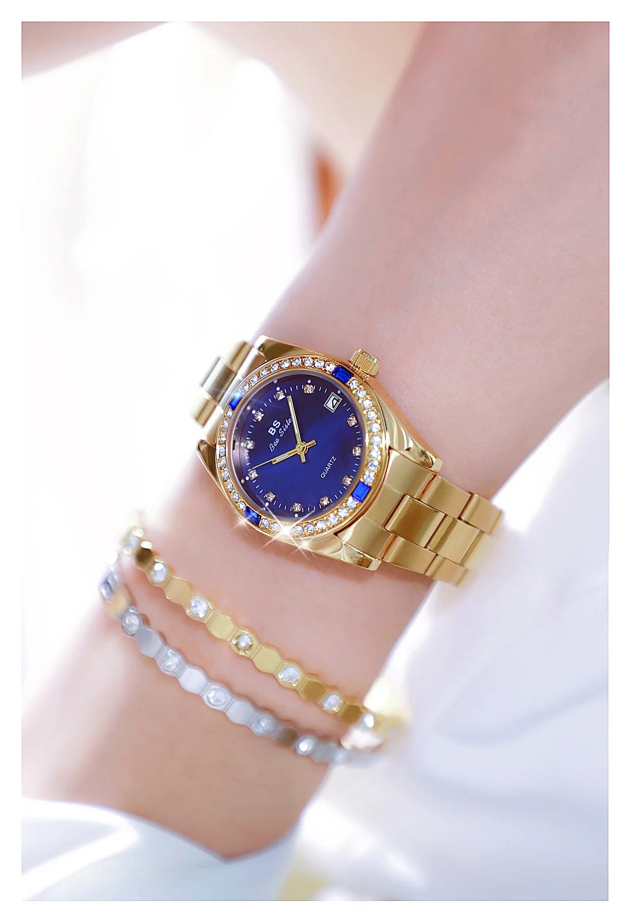 Brand Watch for Women Luxury style Gold/Blue/Green Rhinestone And Waterproof With Steel Strap In Box