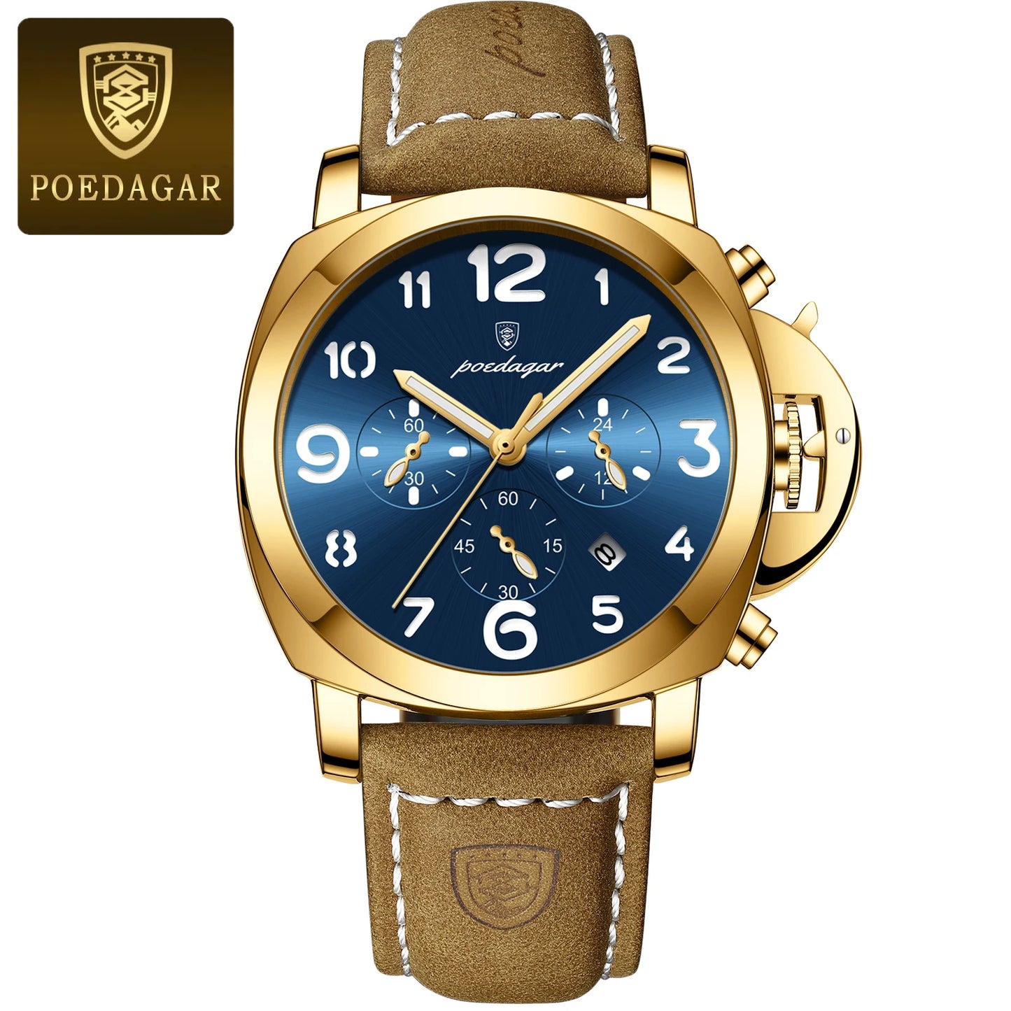 POEDAGAR Luxury Leather Chronograph Quartz Watch - Luminous, Waterproof, Date And Box