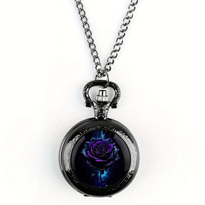 SOXY Retro Purple Rose Quartz Movement Pocket Watch With Stylish Black Necklace Chain