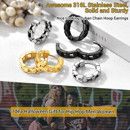 Starlord Cuban Chain Link Stainless Steel Cuban Chain Hoop Earring Black, Gold & Silver Colour