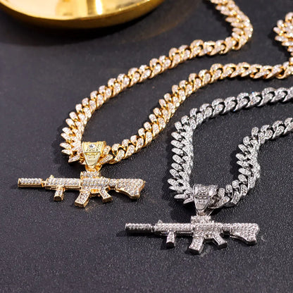 PEZDEMAR Iced Out Crystal M16 Gun Pendant With Chain Or Cuban Necklace