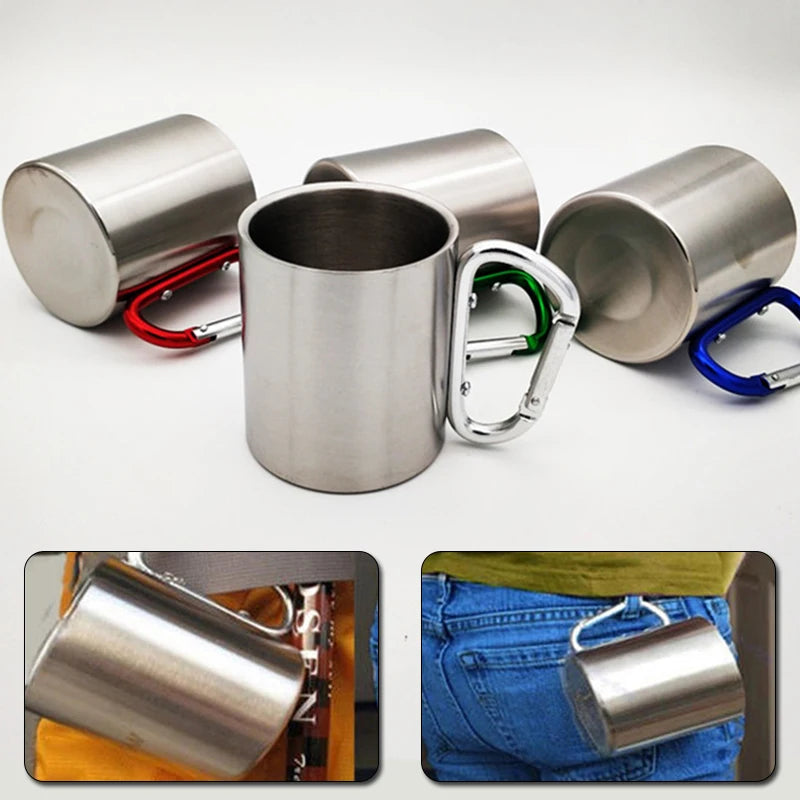 Outdoor 220Ml Stainless Steel Cup With Carabiner Handle For Camping & Hiking