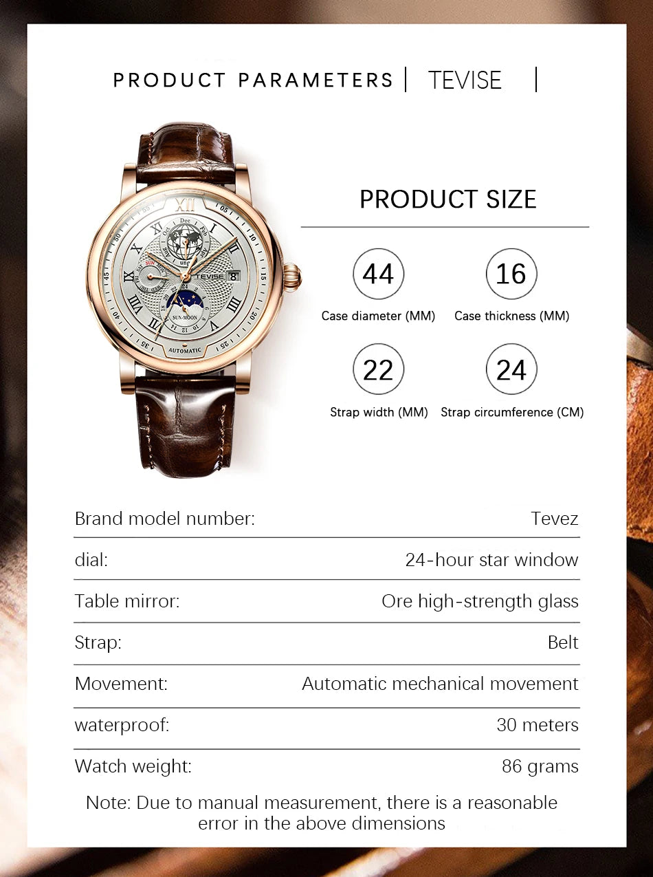 LIGE TW8820 Quality Luxurious Mechanical Leather Belt Watch Waterproof Mechanical - Moon Phase And Automatic With Box