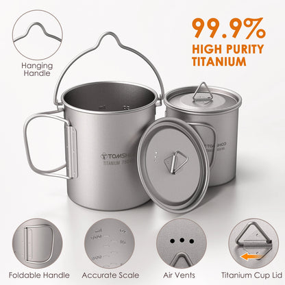 Tomshoo 3 PCS Outdoor Ultralight Titanium Cookware Set 750ml Pot & 450ml Water Cup Mug