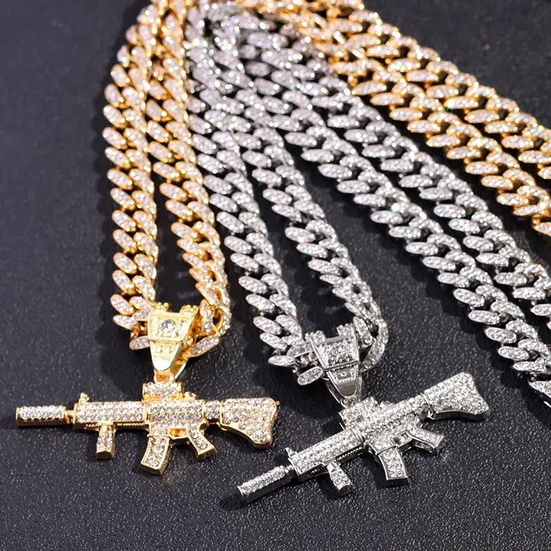 PEZDEMAR Iced Out Crystal M16 Gun Pendant With Chain Or Cuban Necklace