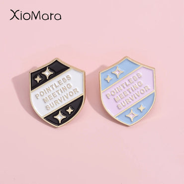 Pointless Meeting Survivor Enamel Pins Custom Cartoon Games Shield Brooches Lapel Badges Jewelry Gift For Kids Friends