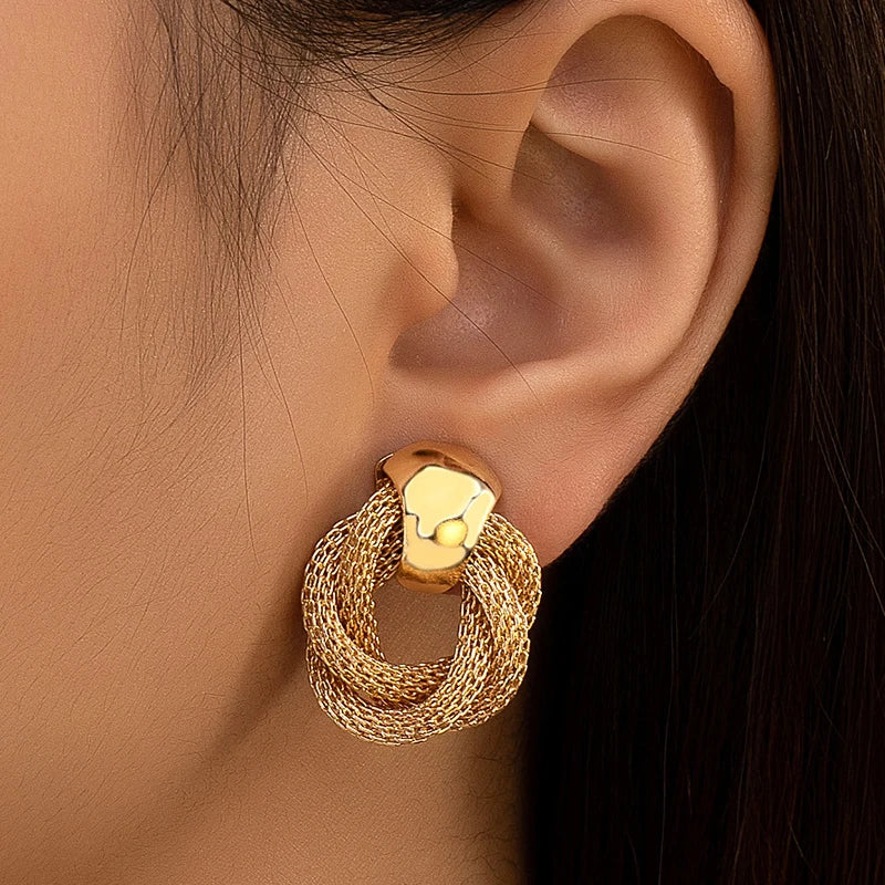 Guangtuo Gold & Silver Metallic Twisted weaving Round Circle Earrings