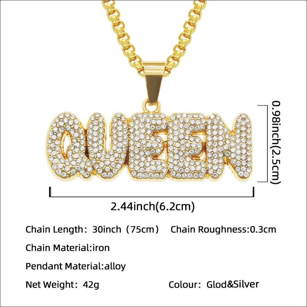 Yuzz Iced Out Queen Letter Pendant & Cuban Chain Necklace