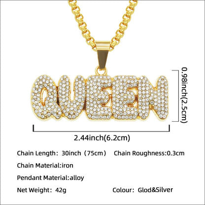 Yuzz Iced Out Queen Letter Pendant & Cuban Chain Necklace