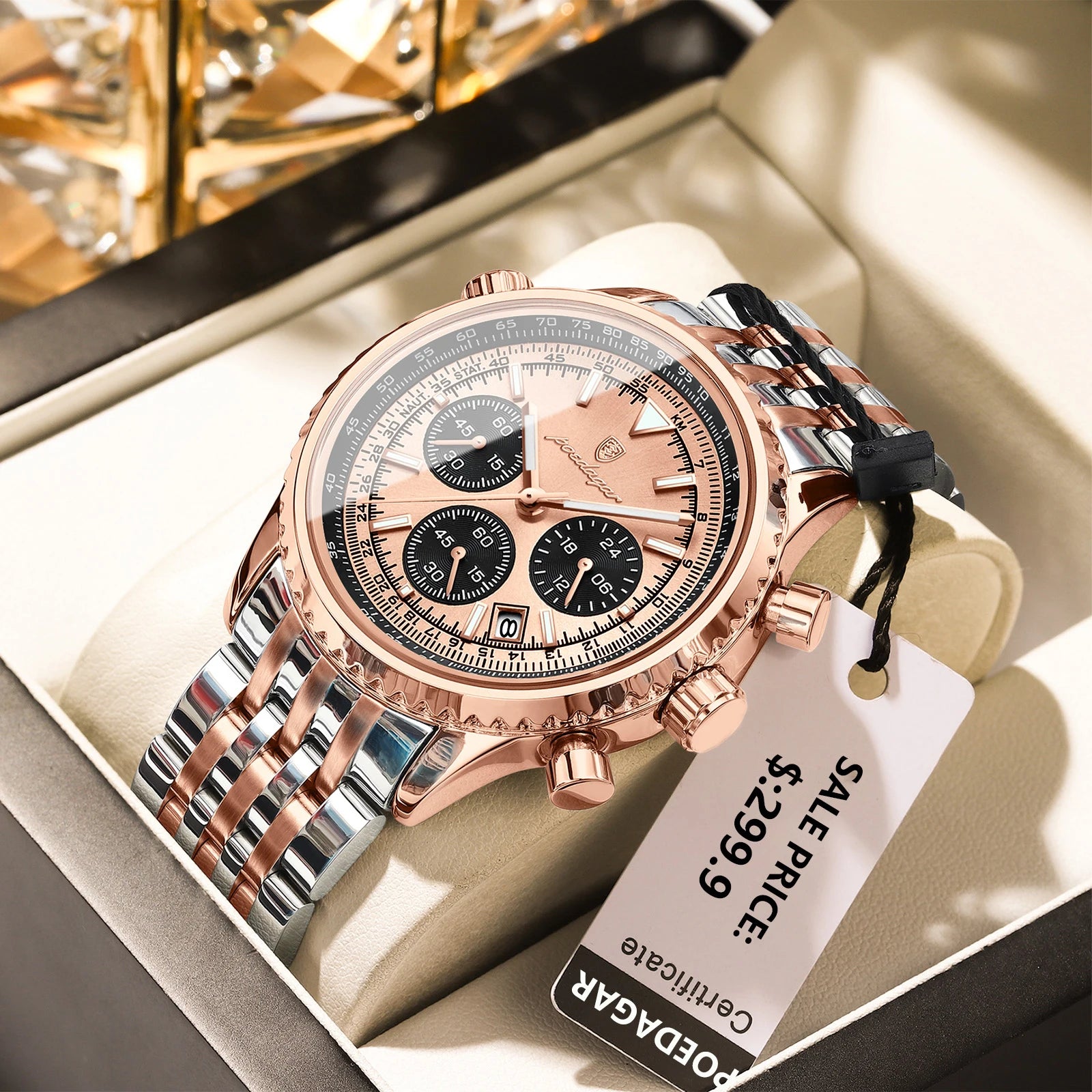 POEDAGAR Luxury Men Stainless Steel Chronograph Quartz Watch - Waterproof, Date & Luminous With Box