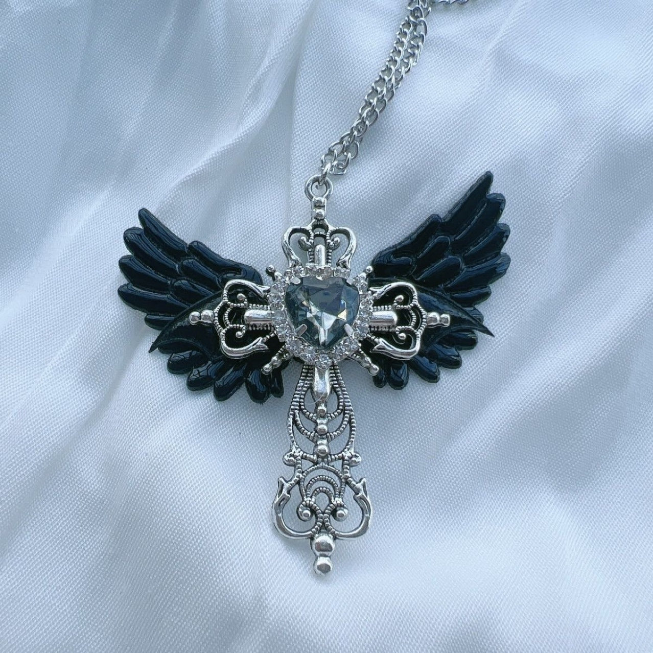 Goth & Angel Winged Cross Pendant Necklace