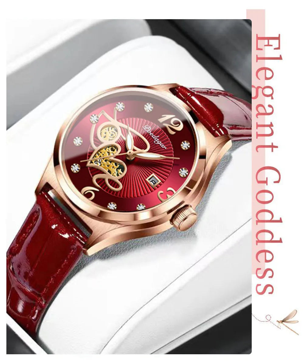 POEDAGAR Quality luxurious leather Band Watch For Woman - Quartz Watch, Waterproof, Date And Box