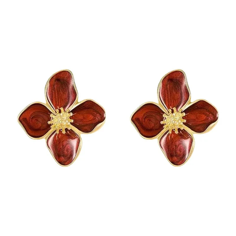 Luxury Delicate Drip Glaze Red, Green & White Flower Earrings