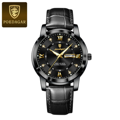 POEDAGAR Quality Luxury Leather band Quartz Watch - Waterproof, Luminous, Date + week And Box