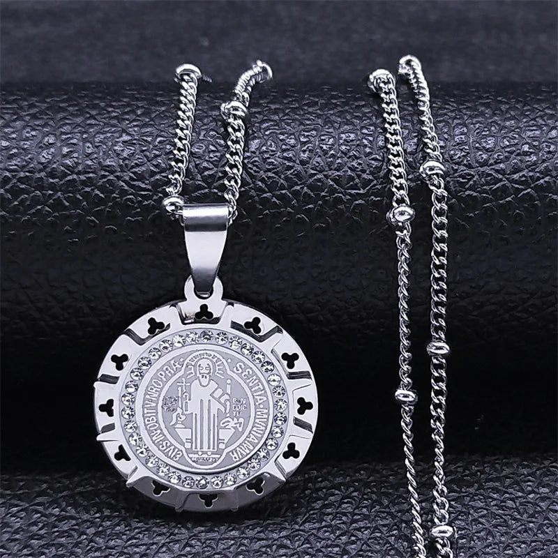 Catholic Saint Benedict Medal Pedant With Stainless Steel Gold & Silver Color Necklace