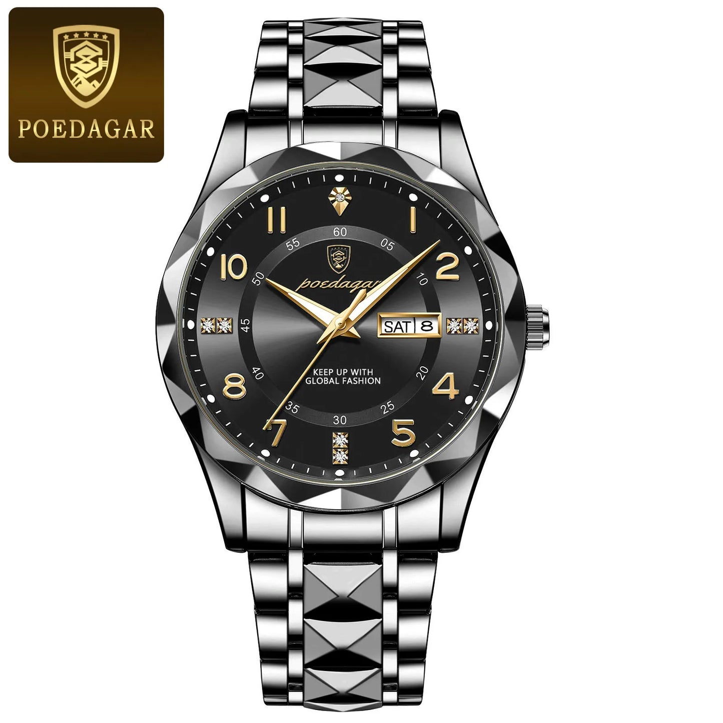 POEDAGAR Luxury Men Stainless Steel Quartz Watch - Waterproof, Date/Week & Luminous