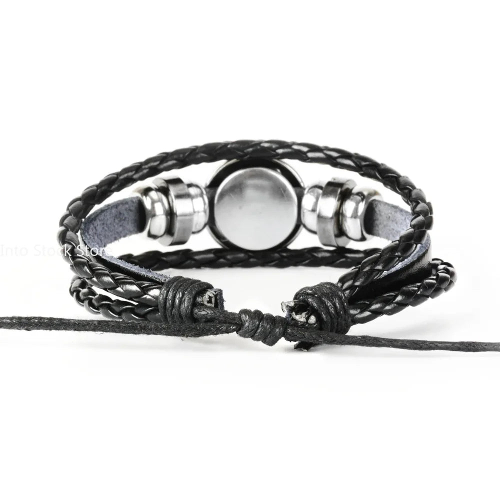 12 Constellation Zodiac Sign Black Braided Leather Bracelet