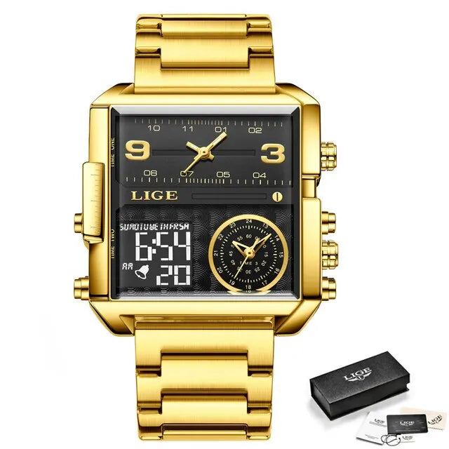 LIGE Quality Luxury Stainless Steel Gold Watch - Quartz Clockwork, Waterproof, Dual Display With Box