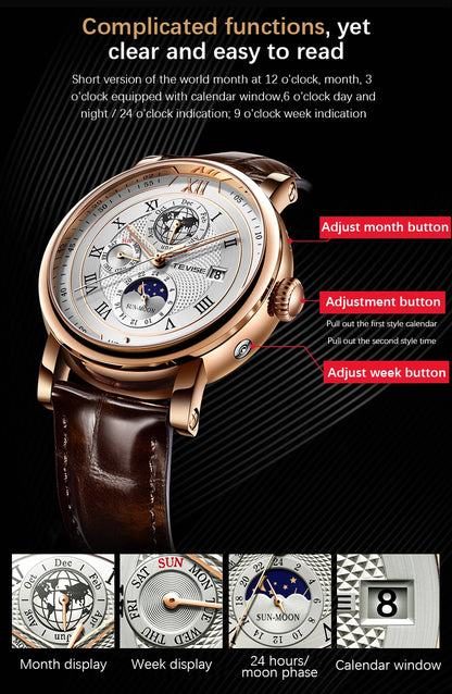 LIGE TW8820 Quality Luxurious Mechanical Leather Belt Watch Waterproof Mechanical - Moon Phase And Automatic With Box