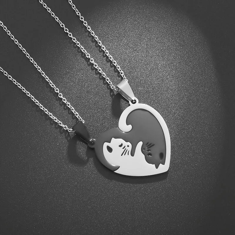 Hugging Love Cat & Horse Couple Pairing Stainless Steel Necklace