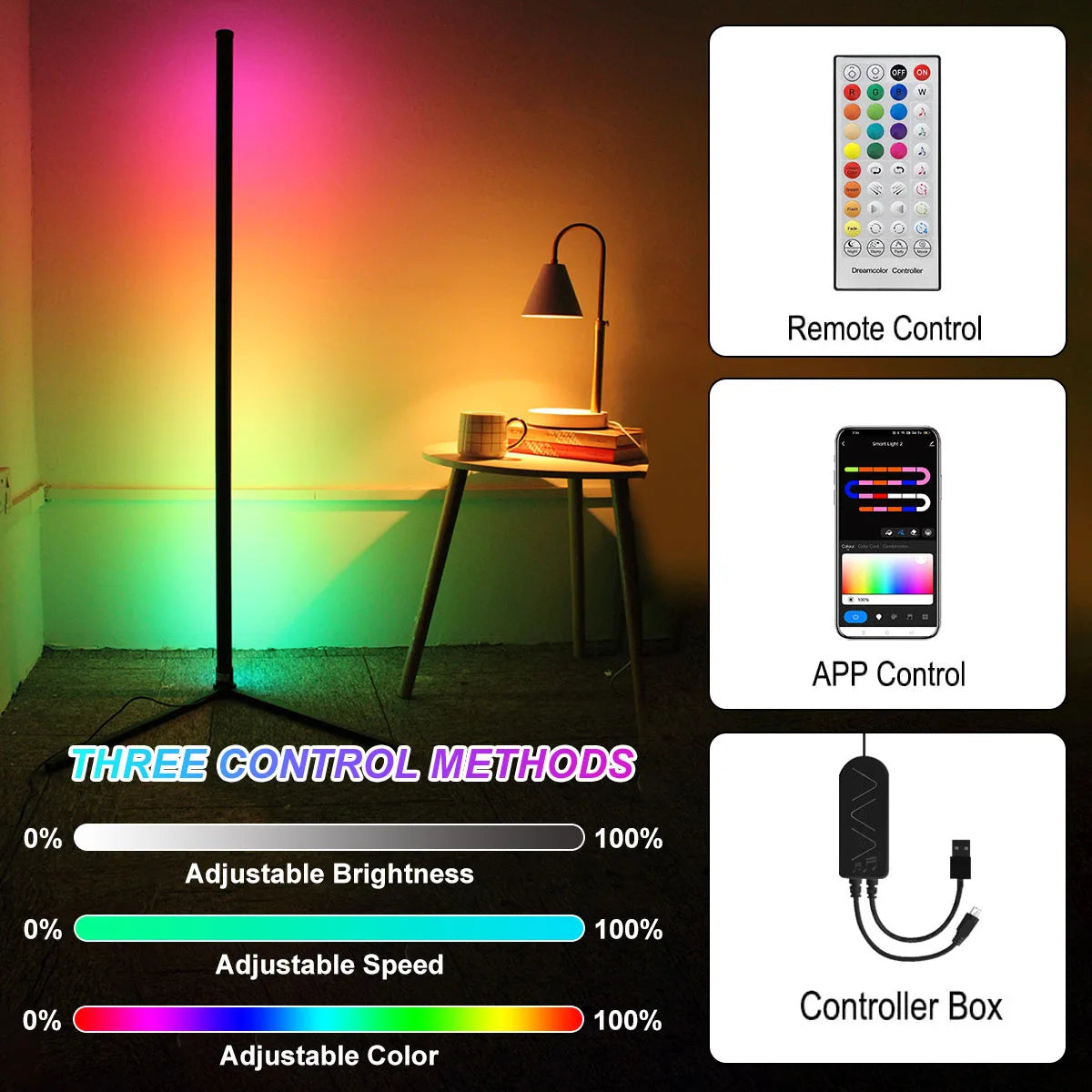 Tuya Smart LED RGB corner Floor Lamp - 160cm, Dimmable RGB and Mood Lighting.