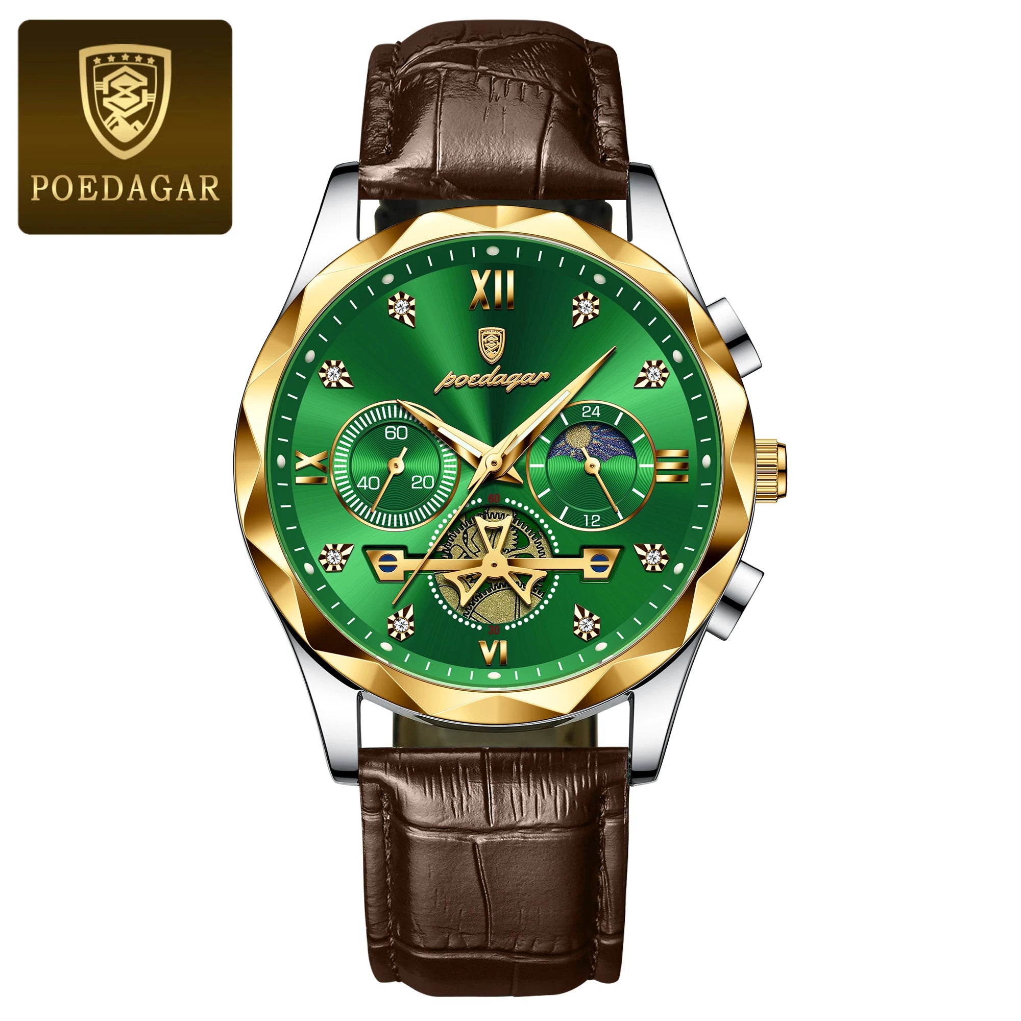 POEDAGAR Quality Luxury Leather band Quartz Chronograph Watch - Waterproof, Luminous, Date And Box