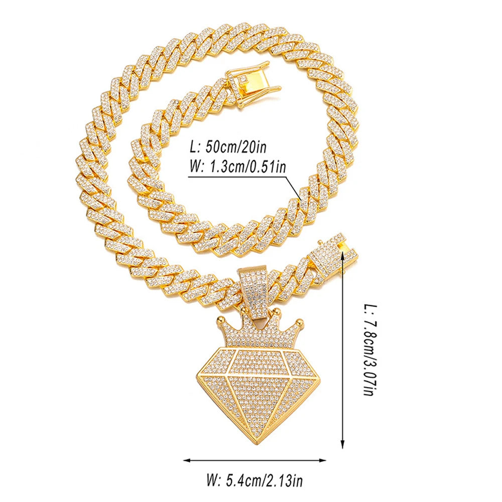 Hip Hop Iced Out Crown Pendant Necklace With 13mm Rhinestone Cuban Chain Bling Necklaces Men Women Fashion Charm Jewelry Gift