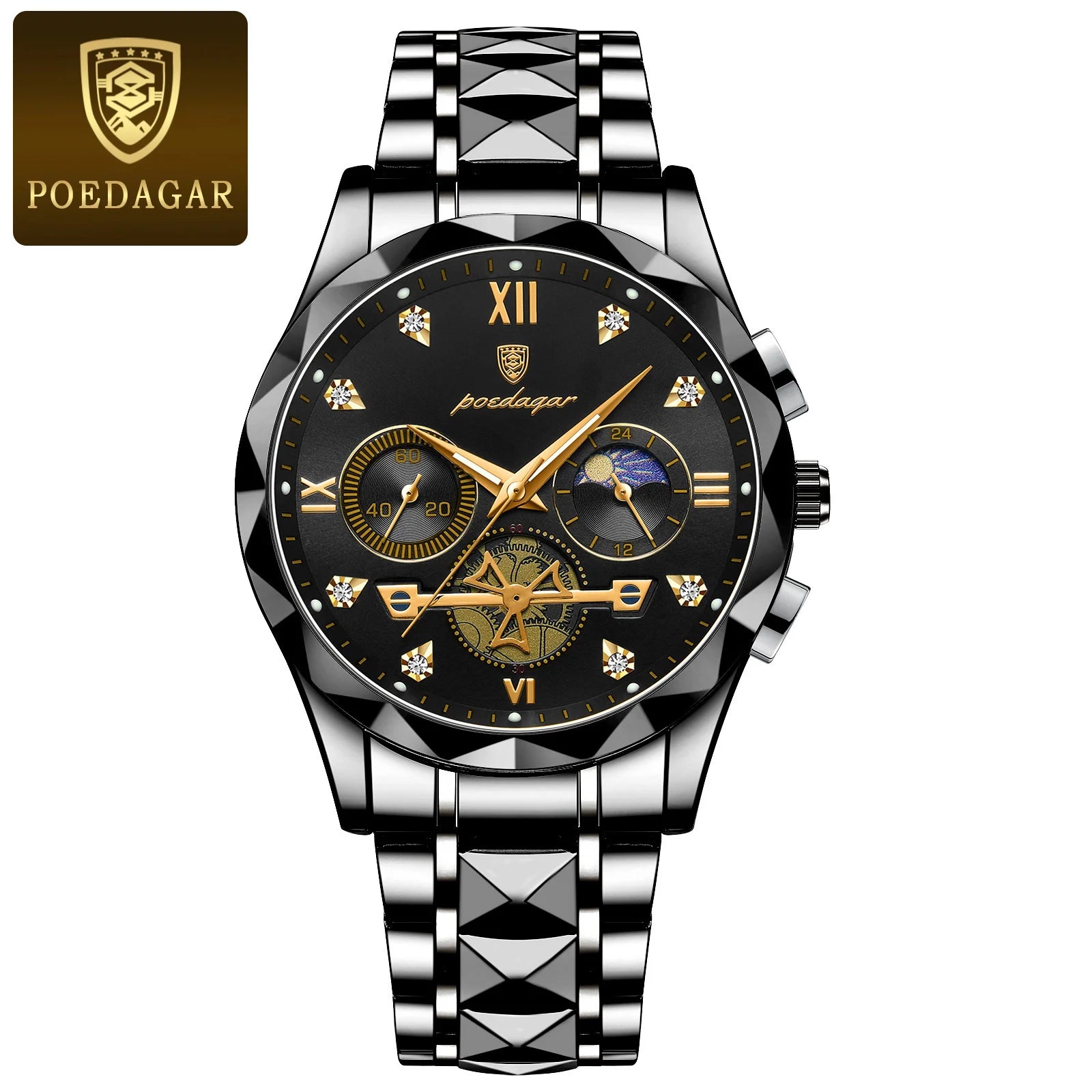 POEDAGAR Quality Luxury Leather band Quartz Chronograph Watch - Waterproof, Luminous, Date And Box