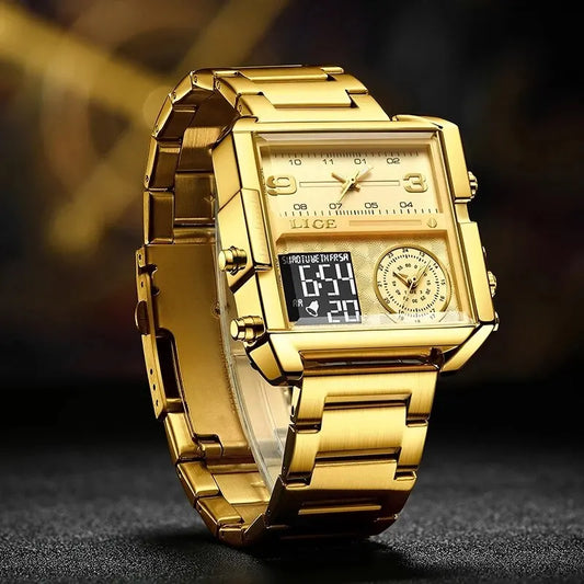 LIGE Quality Luxury Stainless Steel Gold Watch - Quartz Clockwork, Waterproof, Dual Display With Box