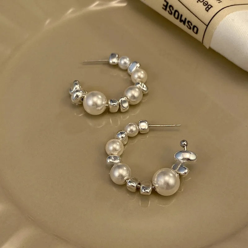 zhenshecai Exquisite C Shape Earrings Irregular Silver Color Beaded & Pearl Semicircular Dangle Earrings