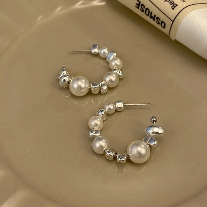 zhenshecai Exquisite C Shape Earrings Irregular Silver Color Beaded & Pearl Semicircular Dangle Earrings