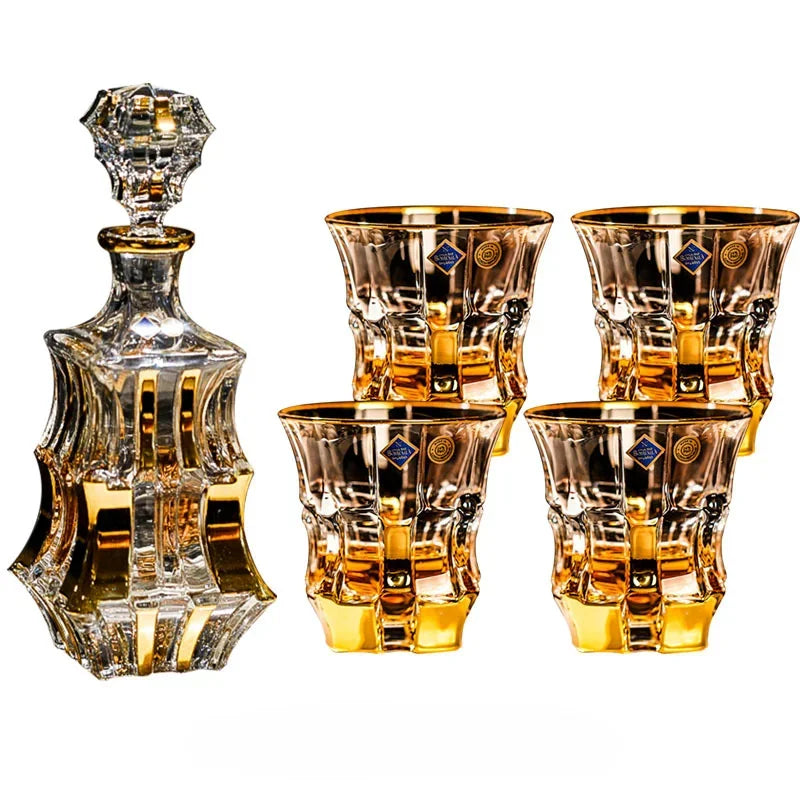 Household Crystal Glass Whiskey Wine Cup and Bottle Set Light Luxury Gold Painting High End Wine Utensils Bar Wine Glass Set