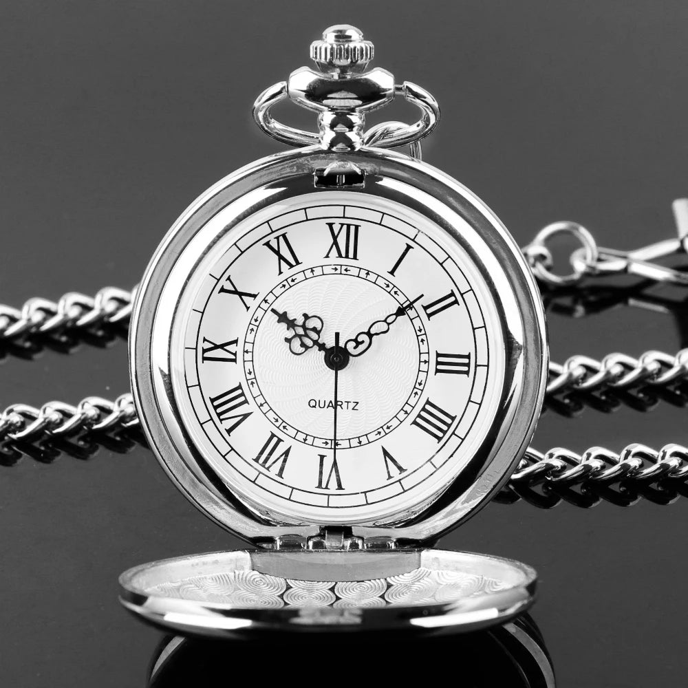 Number Dial - Smooth steel Quartz Pocket Watch Vintage number dial Pocket & Necklace watch pendant (37CM Fob Chain)