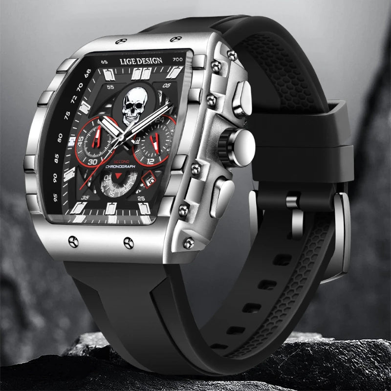 LIGE Quality Luxurious Chronograph Skull watch with Silicone Strap - Luminous, Chronograph, Quartz Clockwork With Box