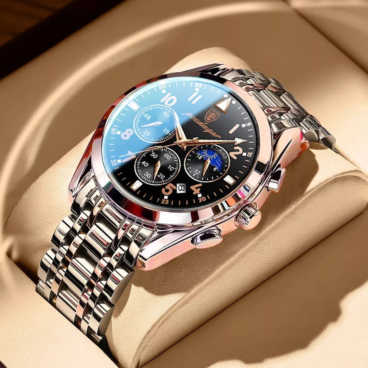 POEDAGAR Luxury Stainless Steel & Leather Chronograph Quartz Watch - Luminous, Waterproof, Date And Box