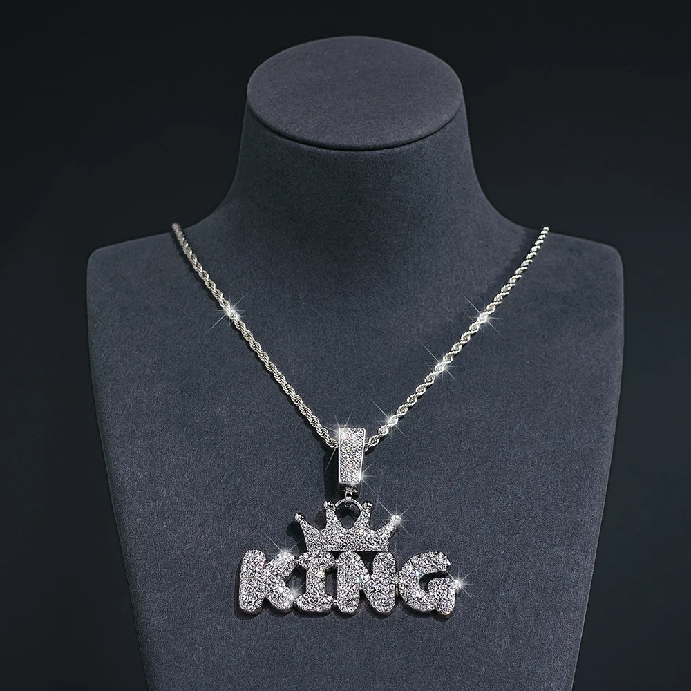 Crystal Iced Out Crown with KING Pendant Necklace For Men