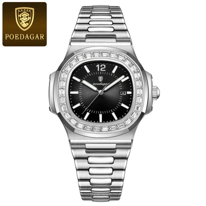 POEDAGAR Man Luxury stainless steel Quartz Watch Square - Waterproof, Luminous, Date, with box