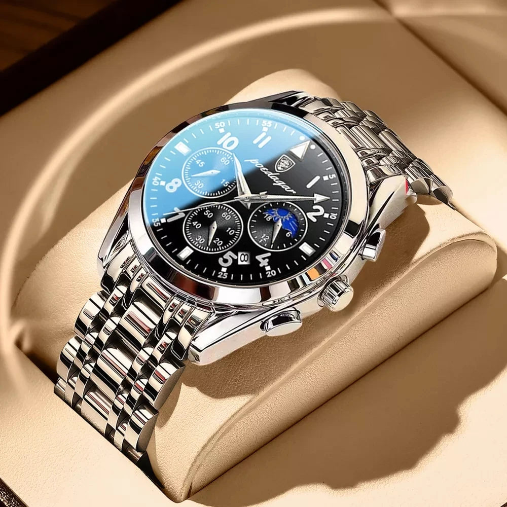 POEDAGAR Luxury Stainless Steel & Leather Chronograph Quartz Watch - Luminous, Waterproof, Date And Box