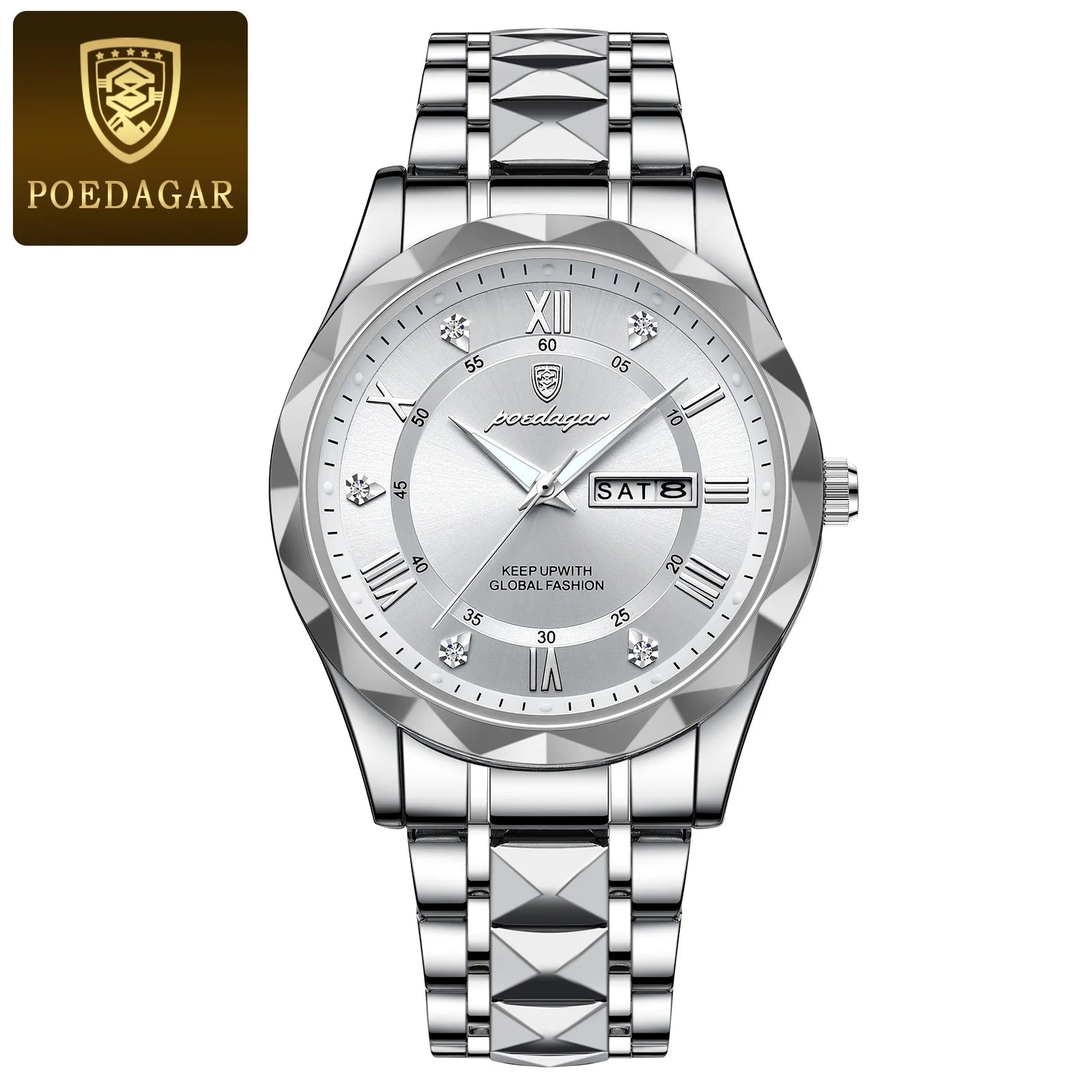 POEDAGAR Luxury Men Stainless Steel Quartz Watch - Waterproof, Date/Week & Luminous Date And Box