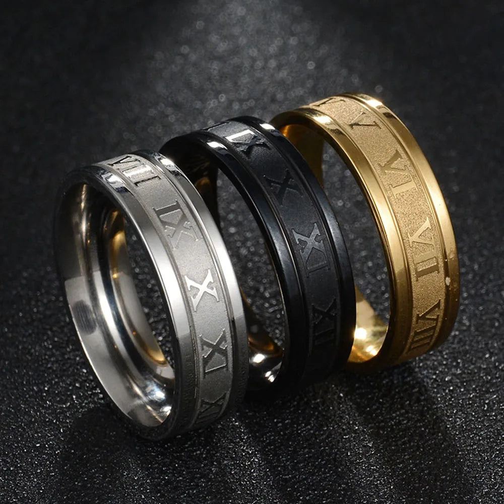 Seakissky Classic Roman Stainless Steel Ring In Black, Silver & Gold