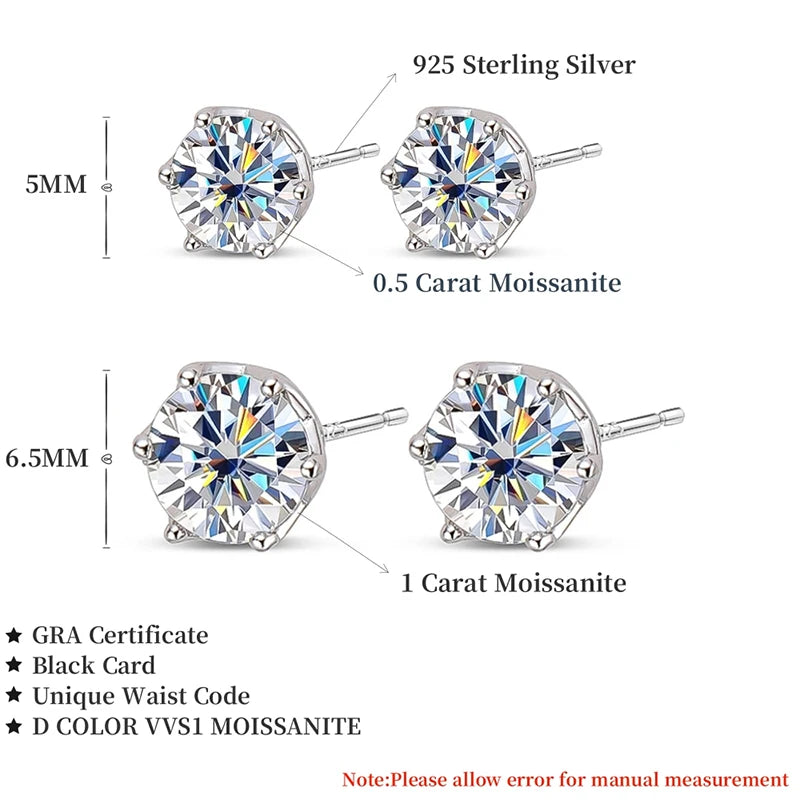 JoyceJelly Multiple Colour Moissanite 0.5/1CT VVS1 D Color S925 Sterling Silver Stud Earrings