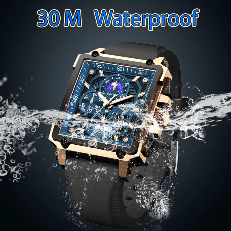 LIGE Quality Luxury Hollow Square Watch For Men with Silicone Strap - Waterproof, Quartz Clockwork+Box