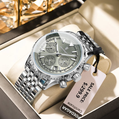 POEDAGAR Luxury Men Stainless Steel Chronograph Quartz Watch - Waterproof, Date & Luminous With Box