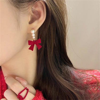 Lea Seoul Red & Black Cloth Bowtie With Pearl Earrings