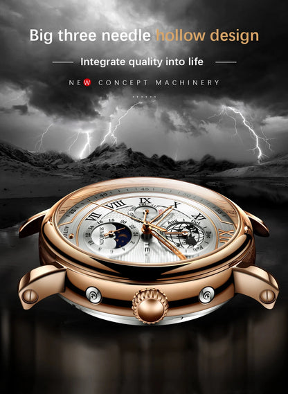 LIGE TW8820 Quality Luxurious Mechanical Leather Belt Watch Waterproof Mechanical - Moon Phase And Automatic With Box