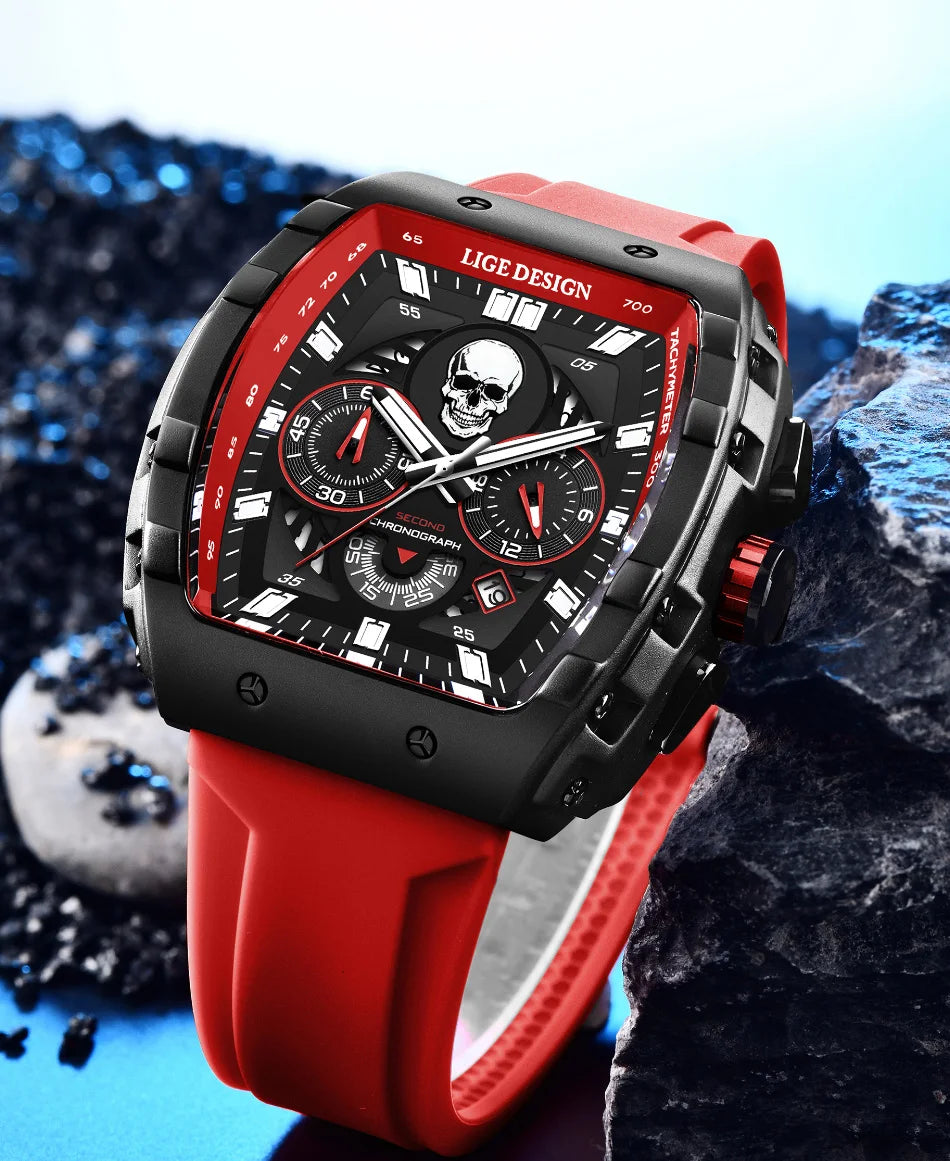 LIGE Quality Luxurious Chronograph Skull watch with Silicone Strap - Luminous, Chronograph, Quartz Clockwork With Box