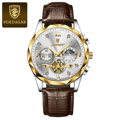 POEDAGAR Quality Luxury Leather band Quartz Chronograph Watch - Waterproof, Luminous, Date And Box