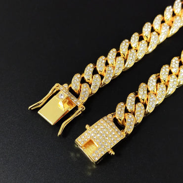 Yuzz Cuban Link Chain 13MM Gold & Silver Iced Out With AAA Rhinestones Necklace